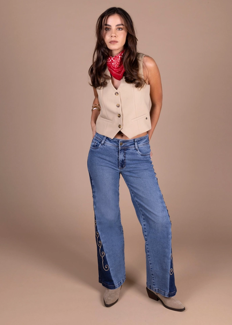 JEANS VIRGO PALAZZO BORDADO Y TACHAS AZUL EFESIS - 2