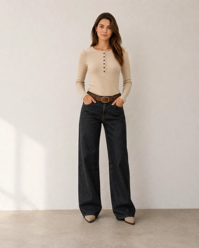 JEANS ATRIA WIDE TIRO BAJO PRETINA PASADA NEGRO EFESIS - 1