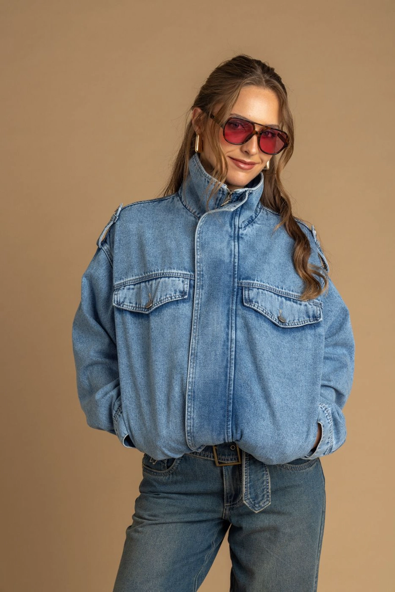 CHAQUETA GIUSEPHINA OVERSIZE CUELLO FUNNEL AGLOBADA AZUL EFESIS - 3