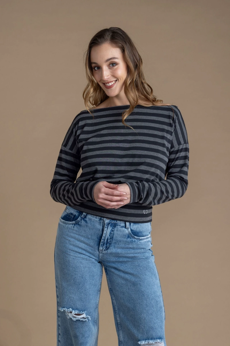 POLERA SEREN REGULAR LISTADA CUELLO BOTE GRIS EFESIS - 2
