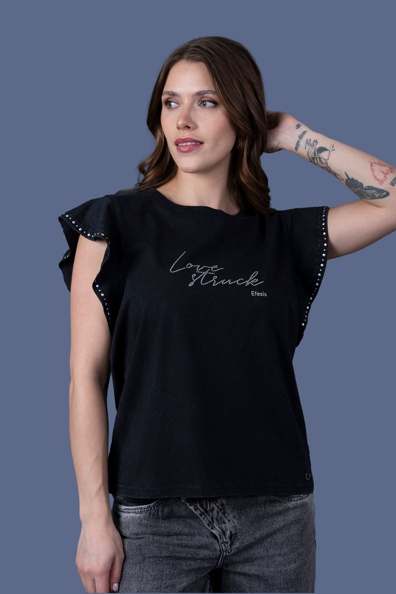POLERA ADELA REGULAR VUELOS EN MANGA Y TACHAS NEGRO EFESIS - 2
