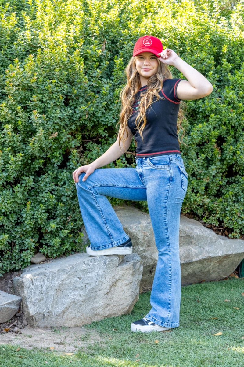 JEANS ELCIRA FLARE BORDADO CONTORNO BOLSILLOS AZUL CACAO - 1