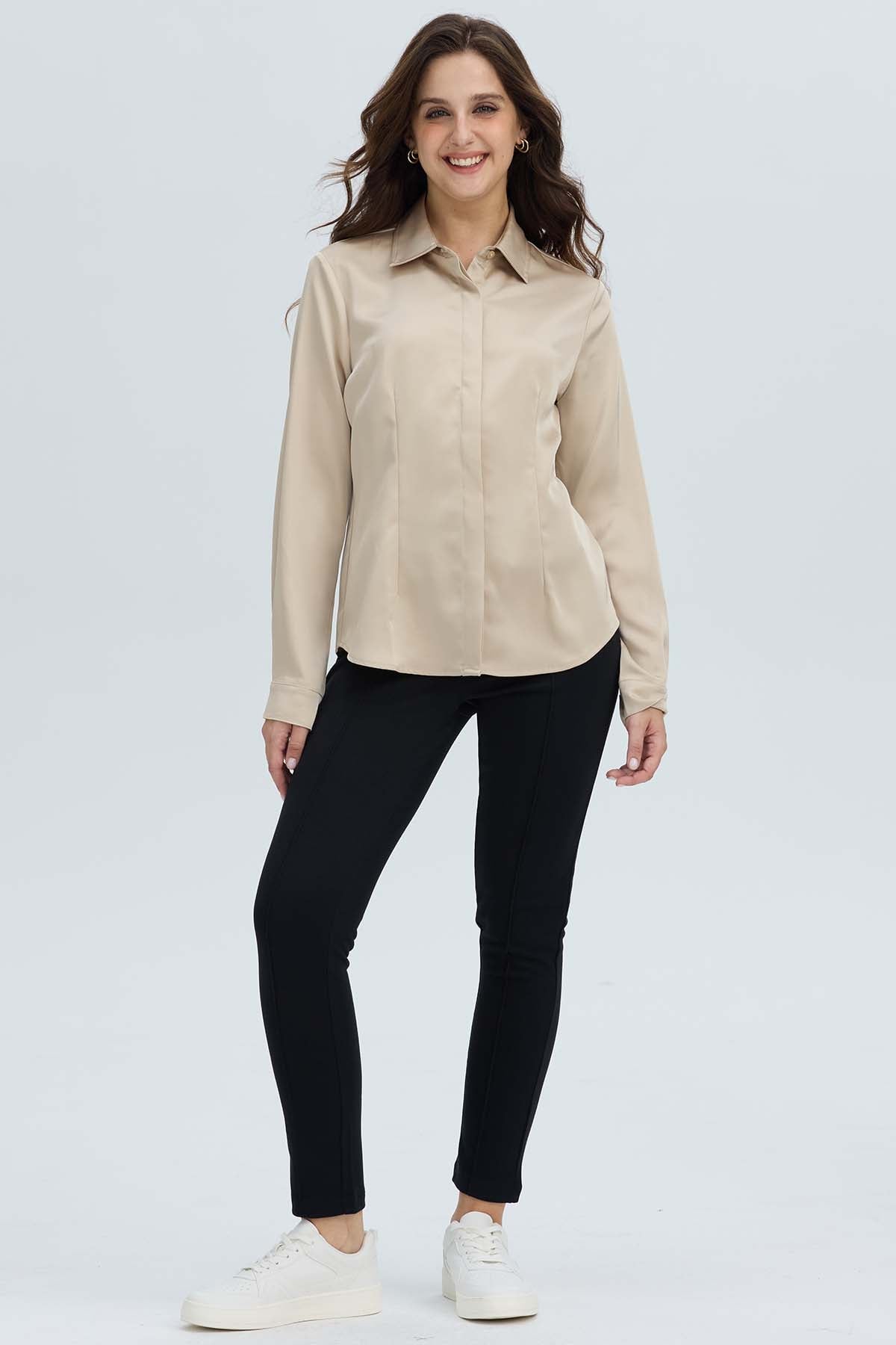 BLUSA MUJER SATINADA ABOTONADA BEIGE - 4