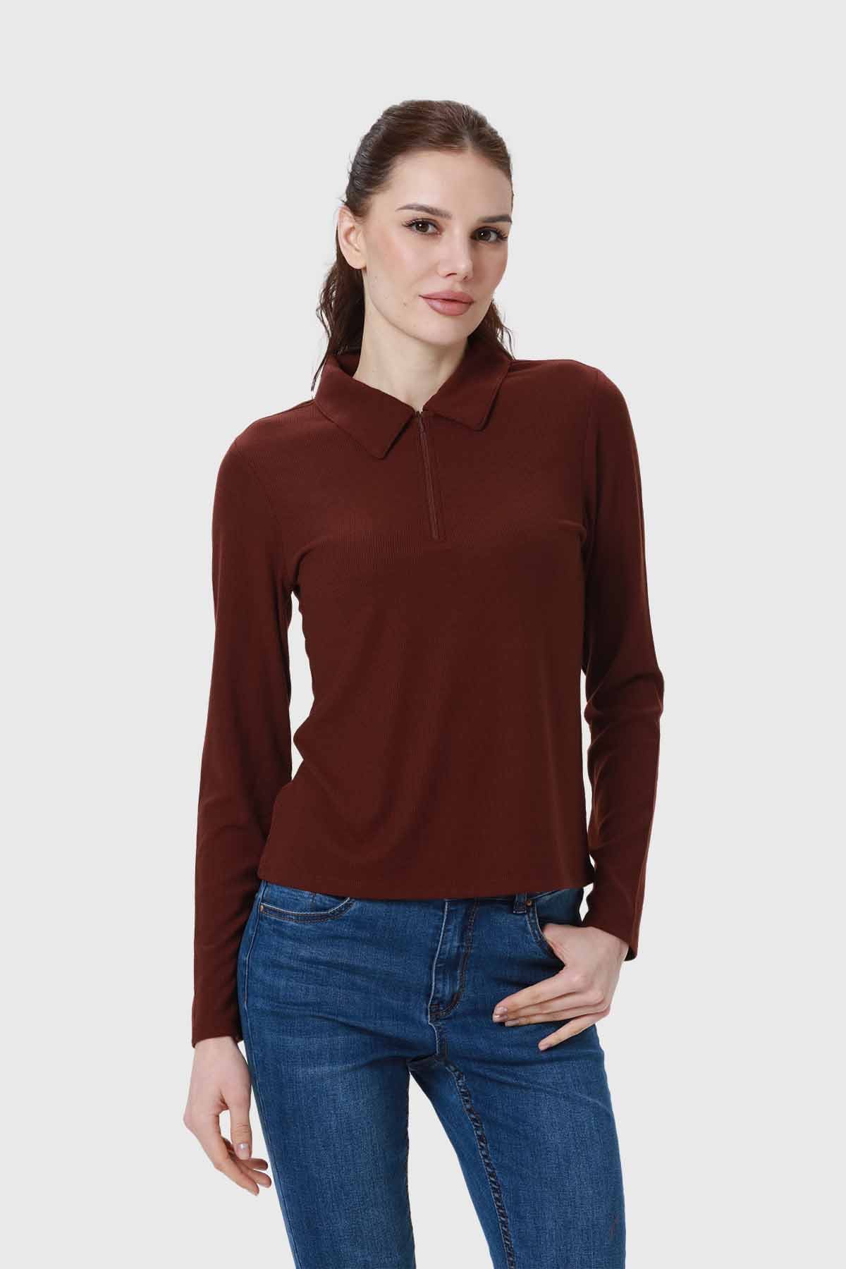 POLERA MUJER MEDIO CIERRE ESTAMPADO CAFE - 3