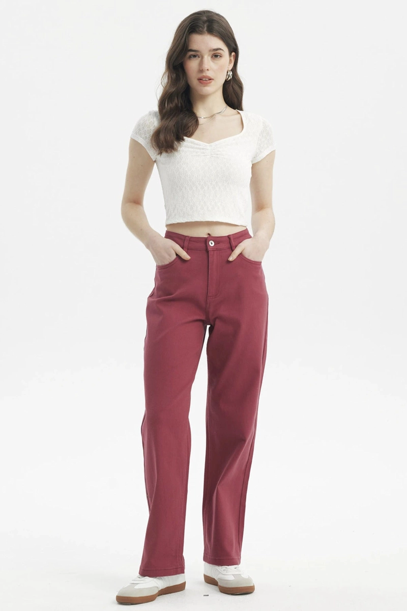 JEANS MUJER CALCE RECTO COLOR BURDEO - 4