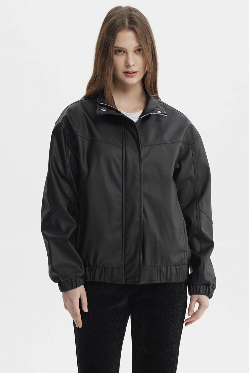 CHAQUETA MUJER OVERSIZE EFECTO CUERO NEGRO - 1