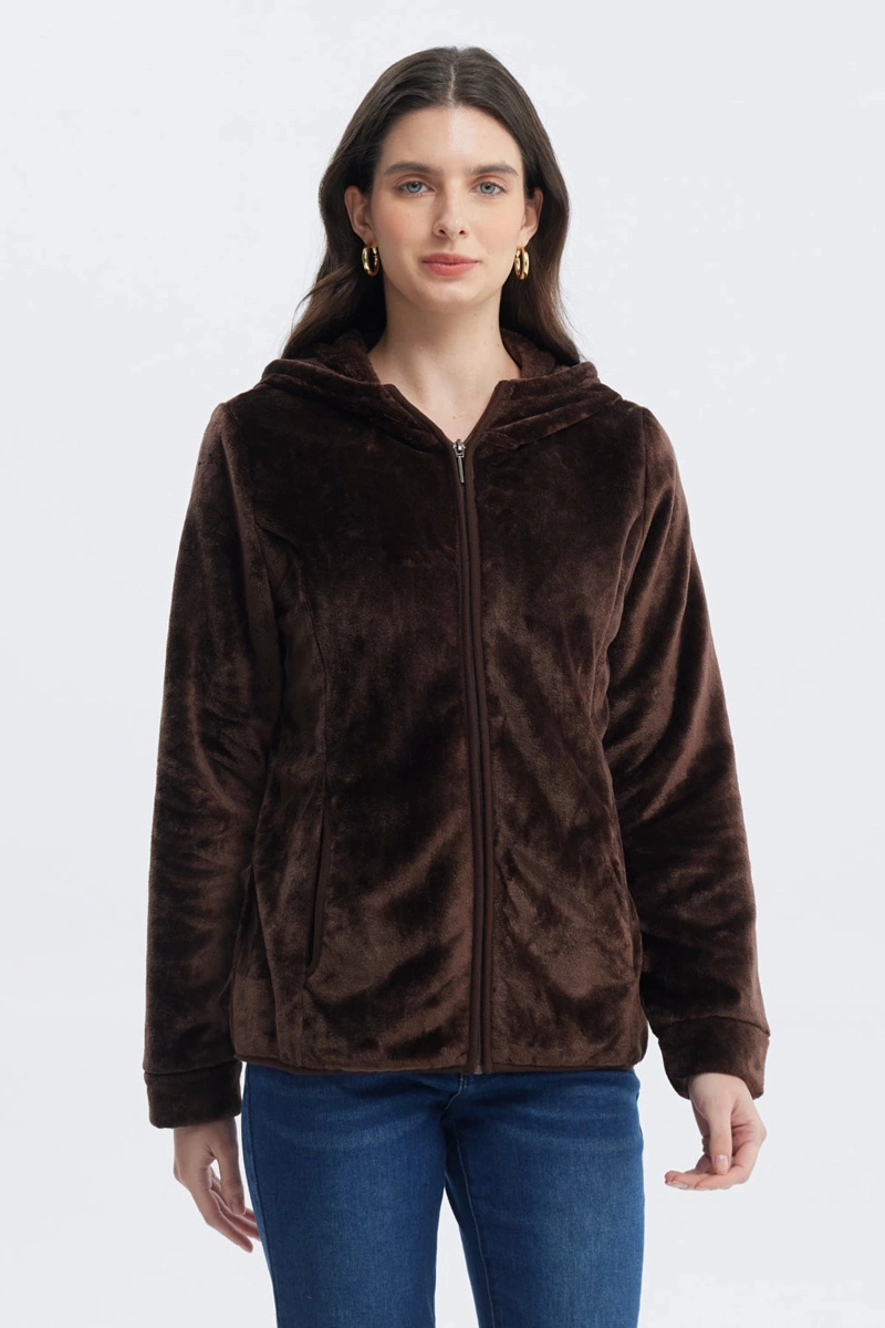 POLAR MUJER BASICO PLUSH CON CIERRE CAFE - 1