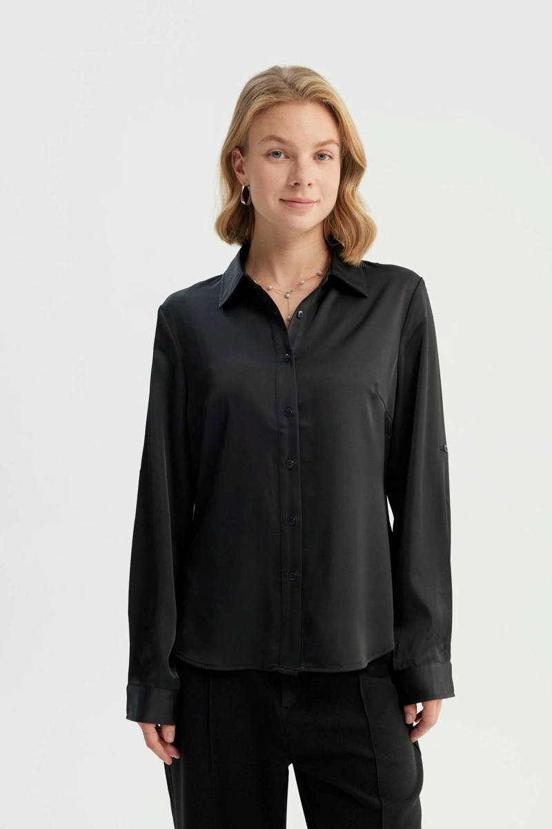 BLUSA MUJER CUELLO CAMISERO NEGRO - 1