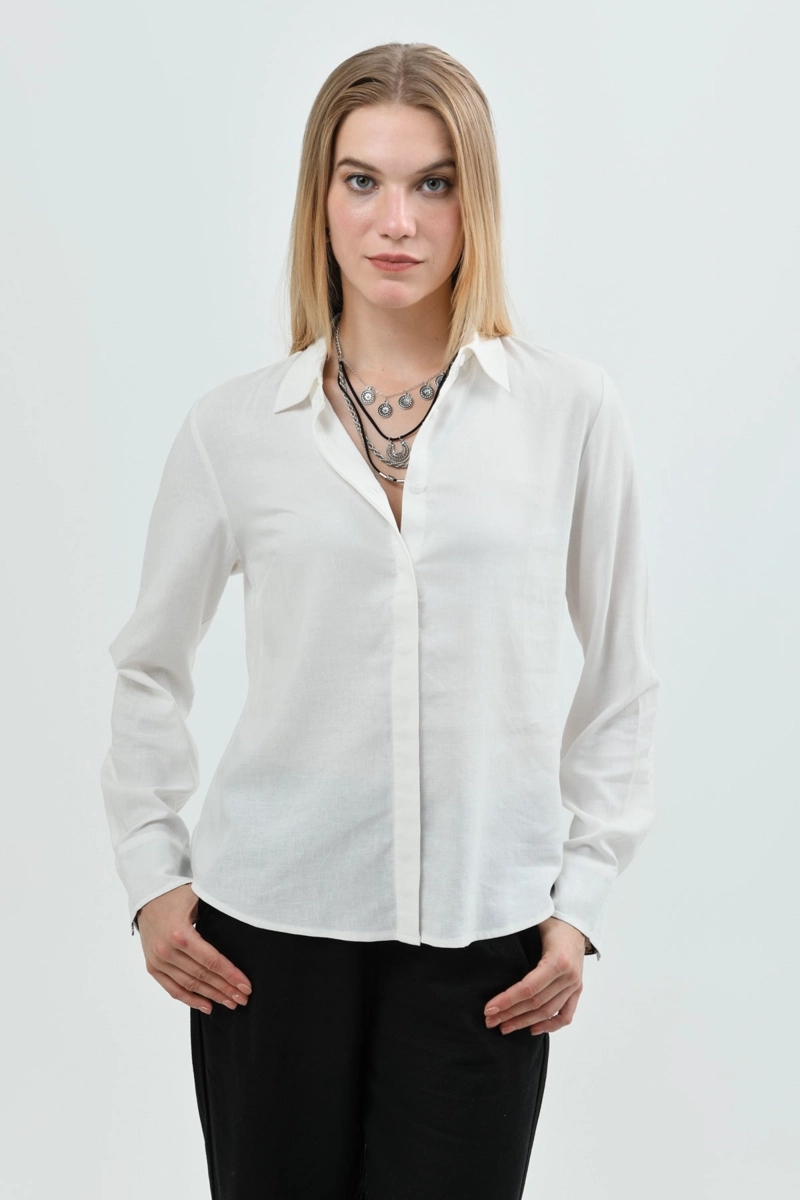 BLUSA CUELLO CAMISERO MUJER CREMA - 1