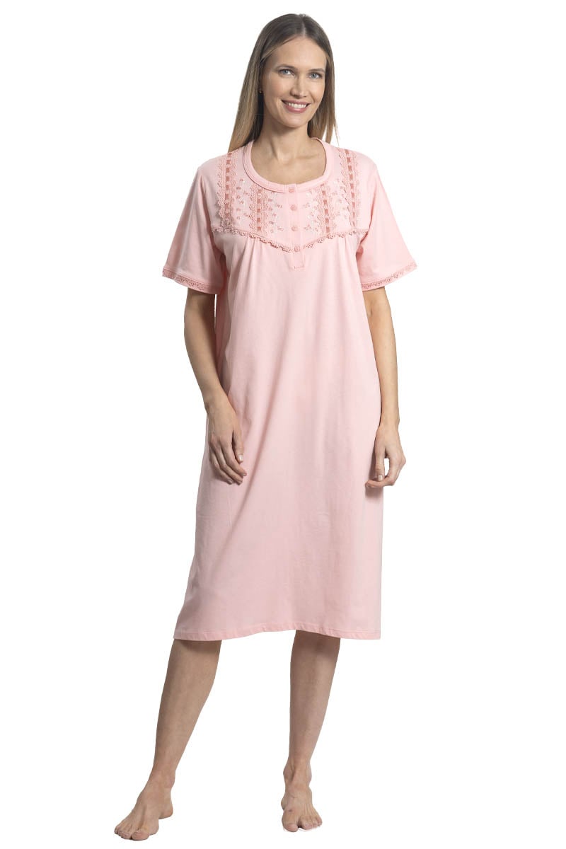 CAMISA MUJER MON AMOUR 242119 ALGODÓN CON BORDADO EN CANESÚ Y PASACINTA PEACH - 1