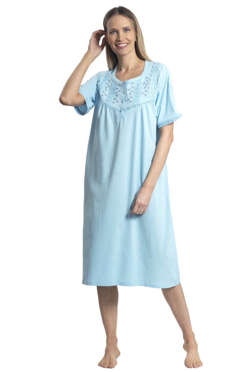 CAMISA MUJER MON AMOUR 242119 ALGODÓN CON BORDADO EN CANESÚ Y PASACINTA TURQUESA - 1