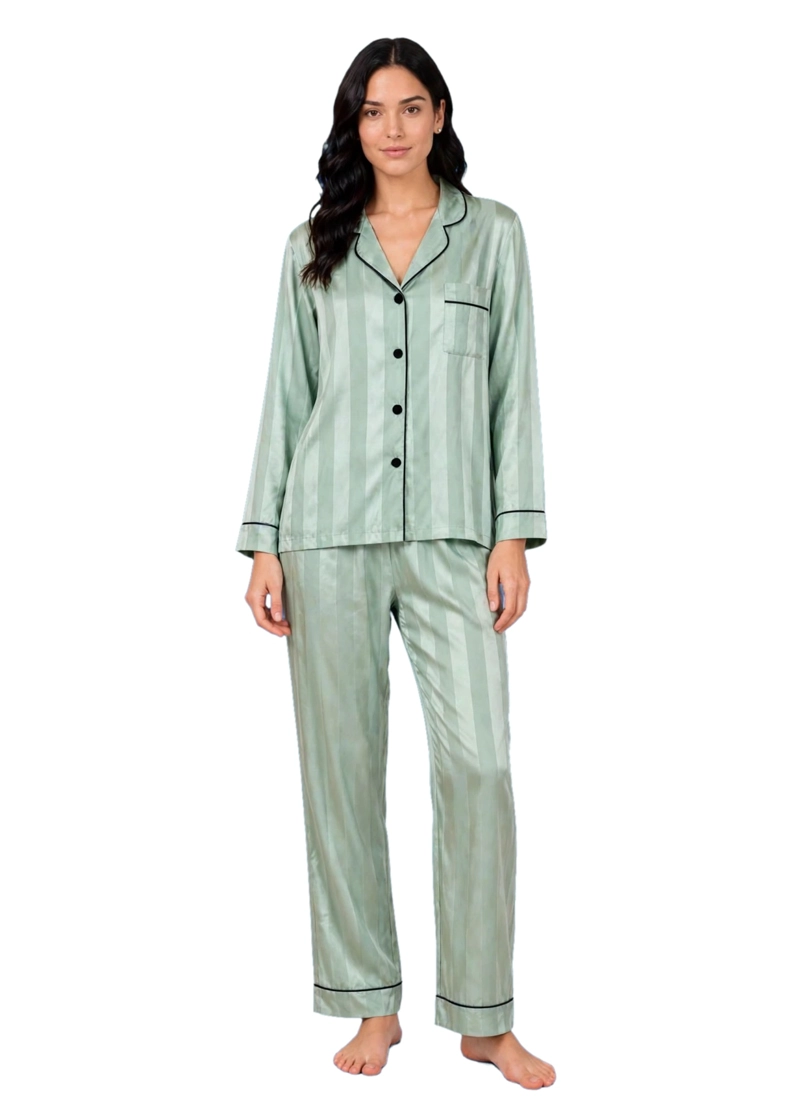 PIJAMA SATIN CAMISERO LARGO LISTADO Y ALFORZAS 262427 - 1