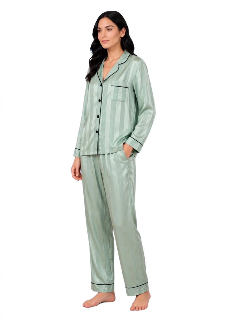 PIJAMA SATIN CAMISERO LARGO LISTADO Y ALFORZAS 262427 - 2