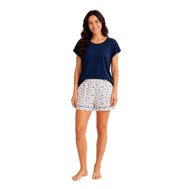 PIJAMA ALGODON POLERA LISA Y SHORT ESTAMPADA HOJITAS 262531 - 1