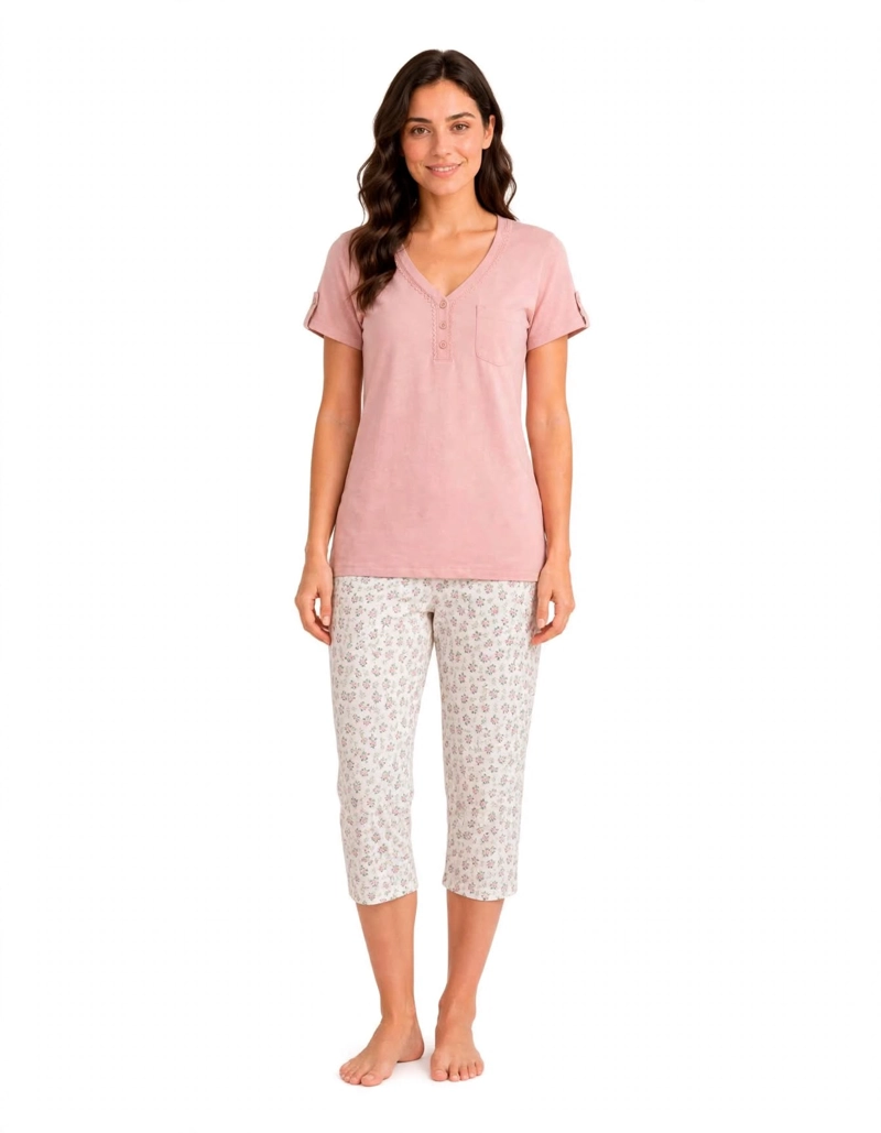 PIJAMA ALGODON POLERA CON BOTONES Y CAPRI ESTAMPADO FLORCITAS 262598 - 1