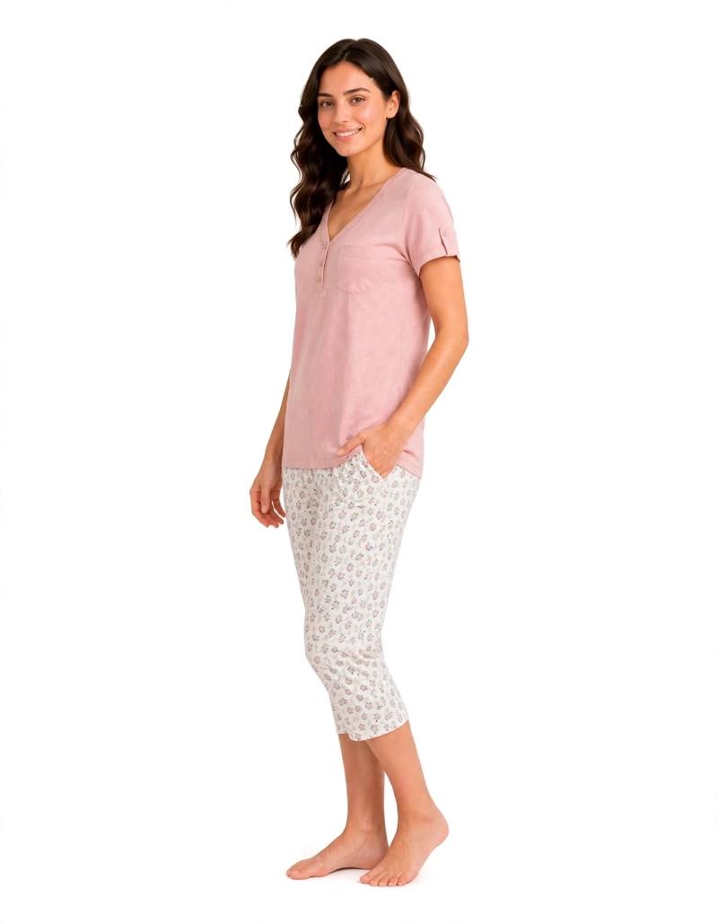 PIJAMA ALGODON POLERA CON BOTONES Y CAPRI ESTAMPADO FLORCITAS 262598 - 2