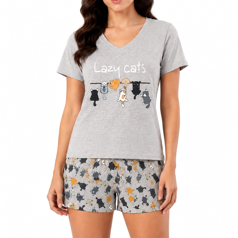 PIJAMA ALGODON POLERA Y SHORT ESTAMPADO GATITOS 262522 - 3