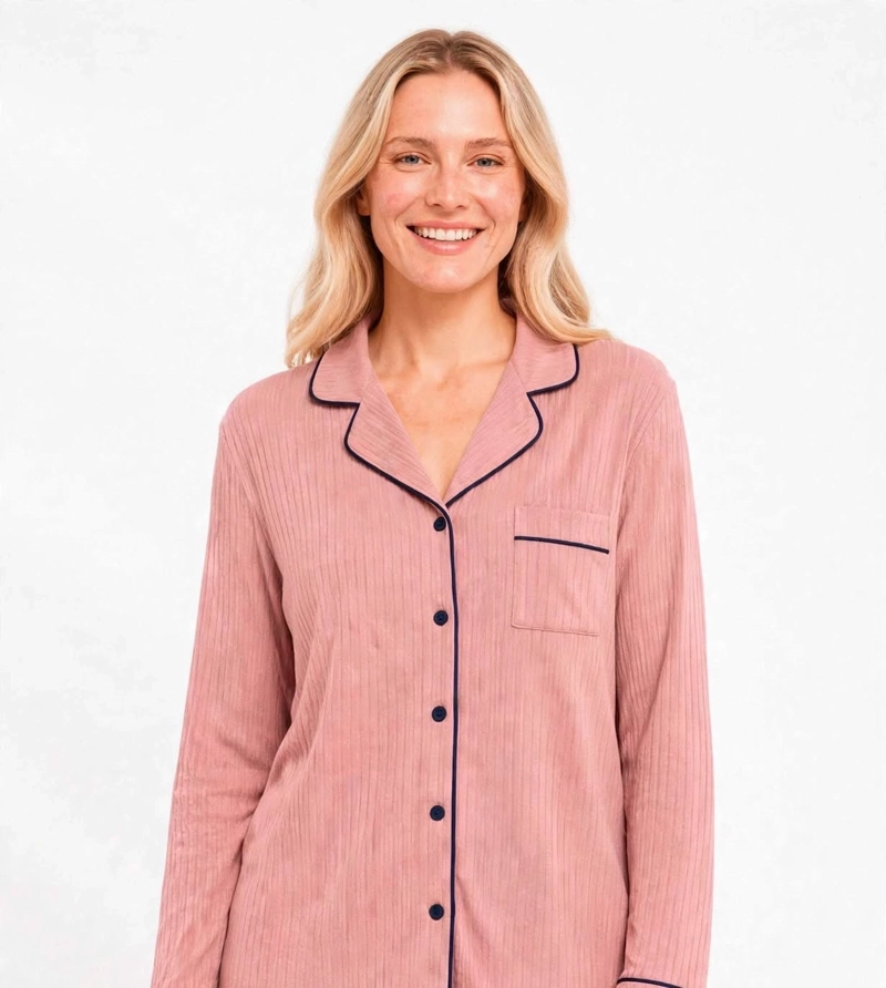 PIJAMA CAMISERO Y PANTALON LARGO TELA ACANALADA 262599 - 2