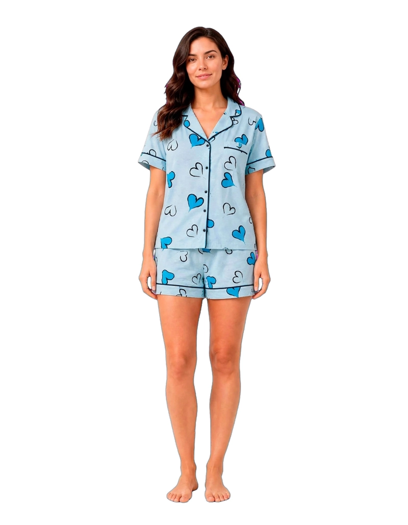 PIJAMA ALGODON CAMISERO ESTAMPADO CORAZONES Y ALFORZAS 262533 - 1