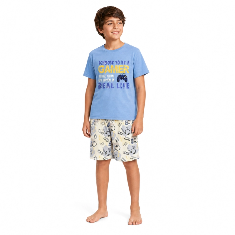PIJAMA ALGODON POLERA Y SHORT ESTAMPADO 'GAMER' 262654G - 1
