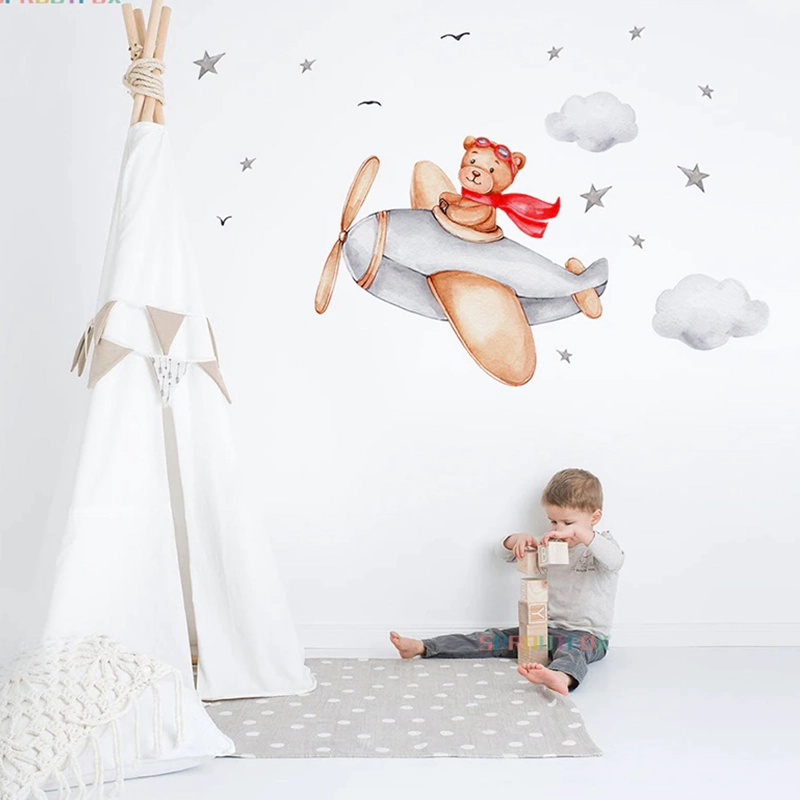 OSO Y AVIÓN ROJO  STICKERS VINILO DECO MURO DORMITORIO INFANTIL - 1