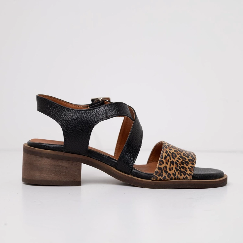 SANDALIA CUERO MUJER  SALTEADOR LEOPARDO NEGRO - 1