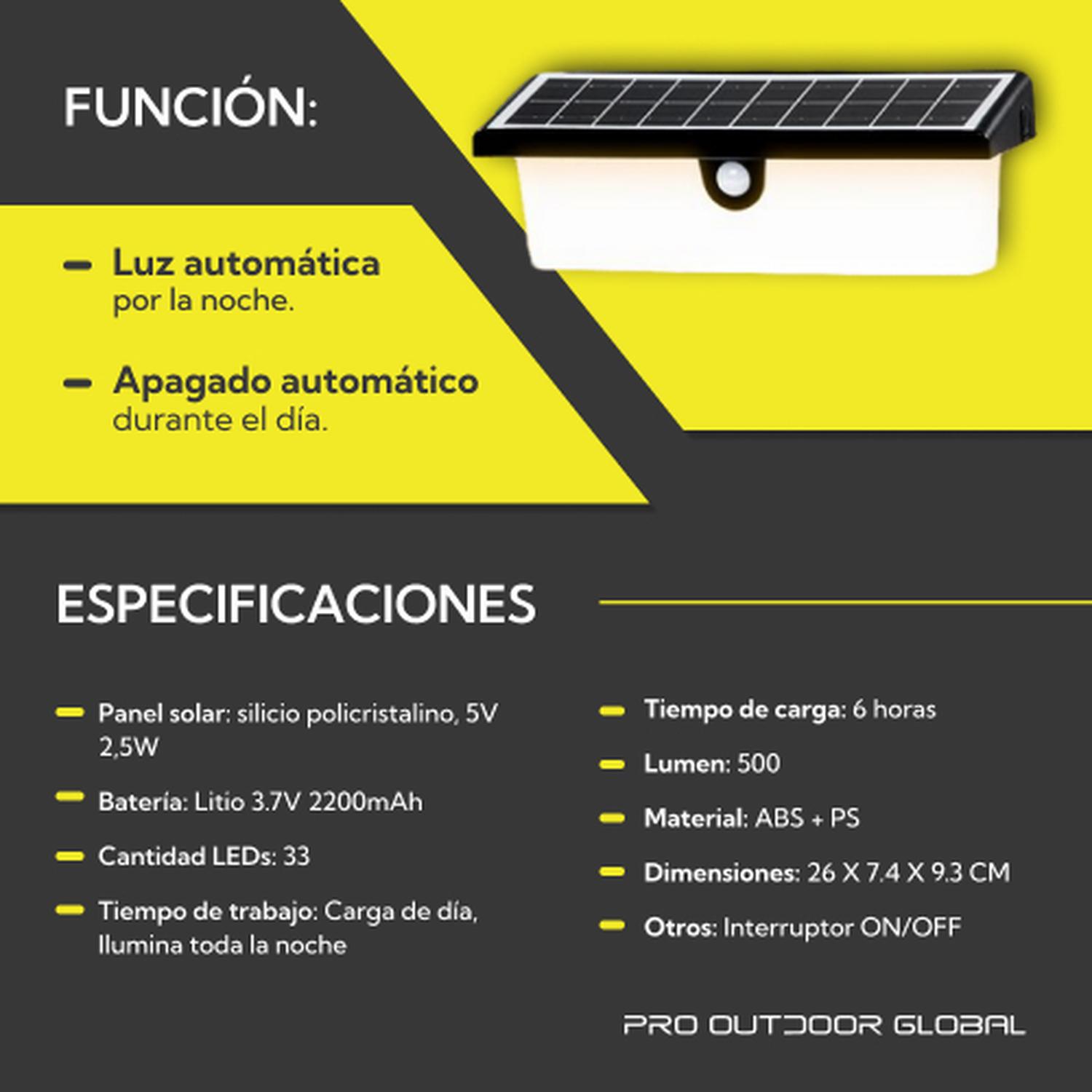 APLIQUE PRO OUTDOOR SOLAR RECTANGULAR CONTRA AGUA CON SENSOR MOVIMIENTO - 6