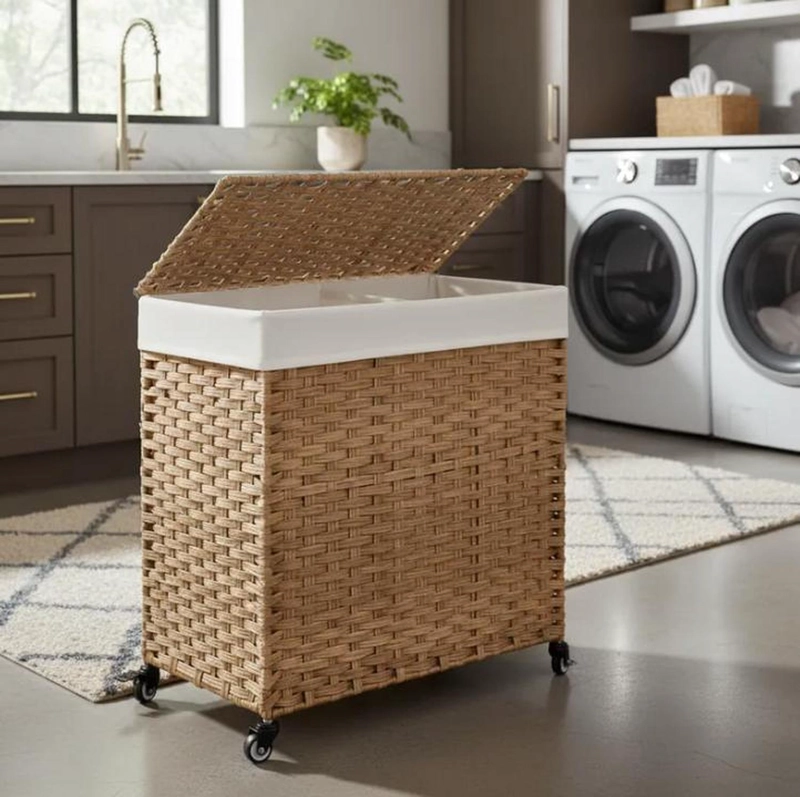 CANASTO CARRITO LAVANDERIA PARA ROPA BAMBU + RUEDAS PLEGABLE - 2