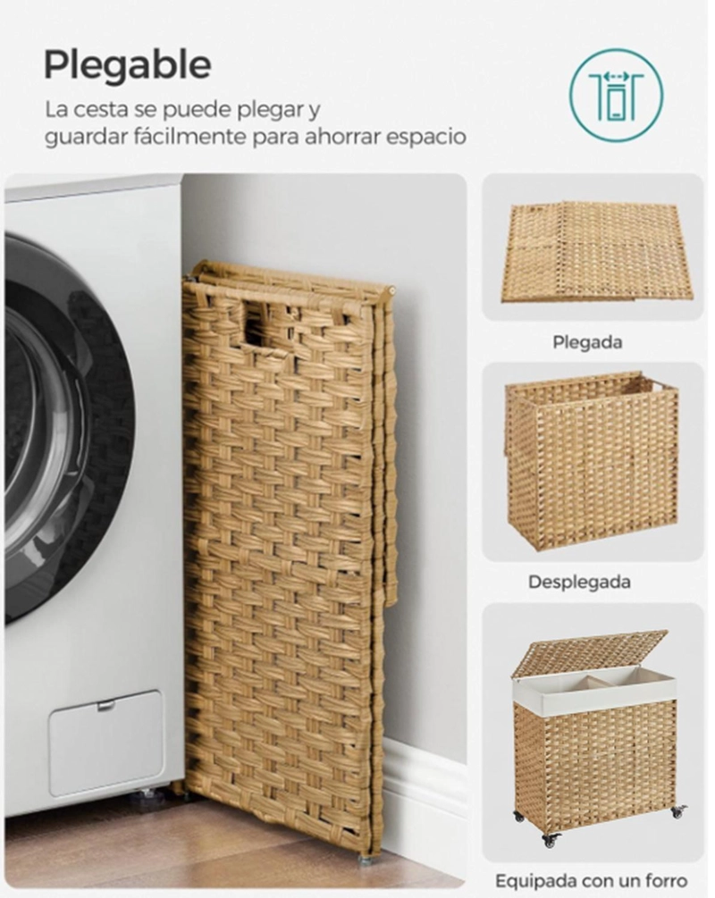 CANASTO CARRITO LAVANDERIA PARA ROPA BAMBU + RUEDAS PLEGABLE - 3