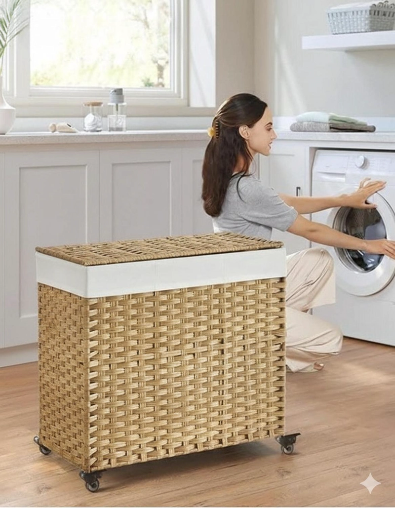CANASTO CARRITO LAVANDERIA PARA ROPA BAMBU + RUEDAS PLEGABLE - 4
