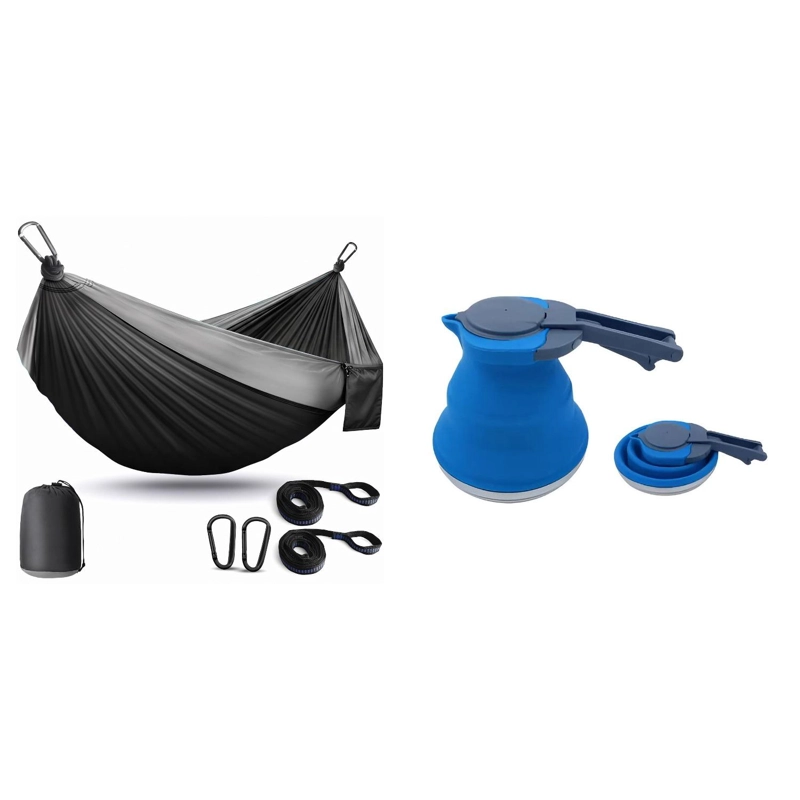 HAMACA COMPACTA NEGRA + TETERA PLEGABLE AZUL KIT CAMPING - 1