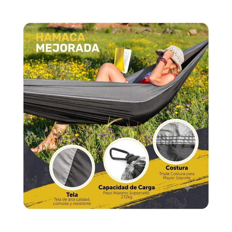 HAMACA COMPACTA NEGRA + TETERA PLEGABLE AZUL KIT CAMPING - 3