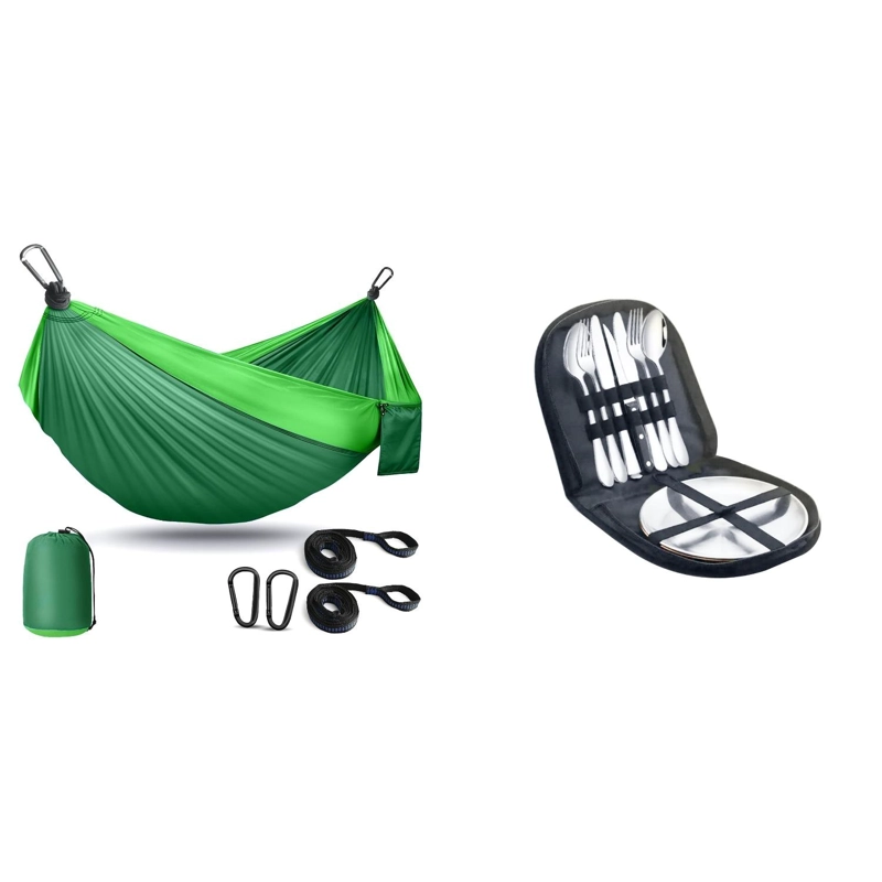 HAMACA COMPACTA VERDE + SET PICNIC CUBIERTOS KIT CAMPING - 1