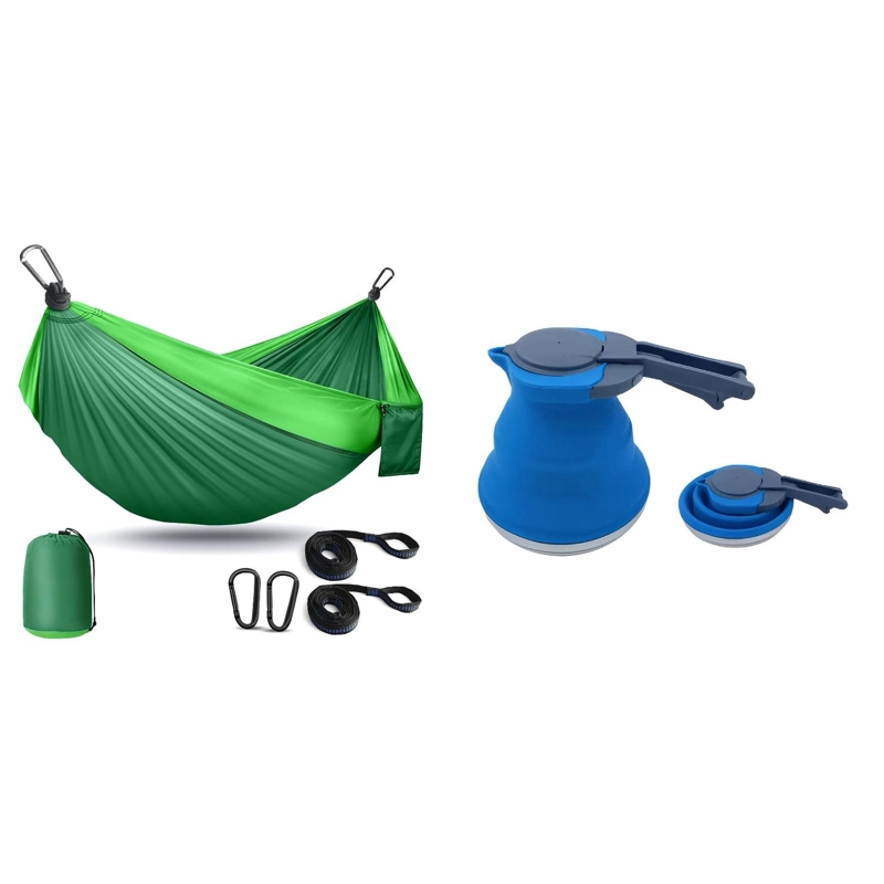 HAMACA COMPACTA VERDE + TETERA PLEGABLE AZUL KIT CAMPING - 1
