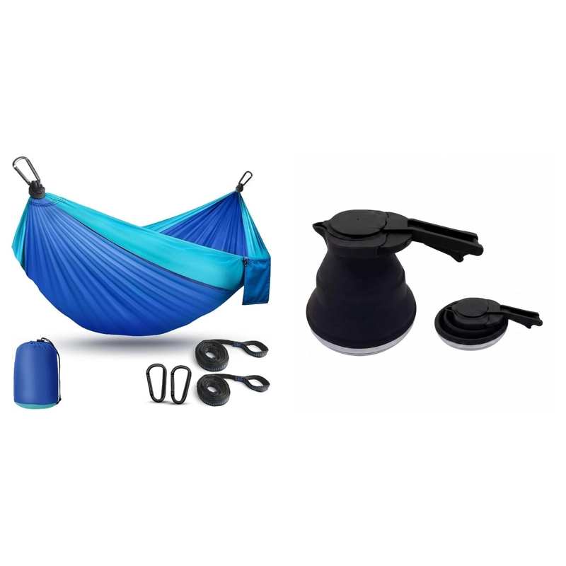 HAMACA COMPACTA AZUL + TETERA PLEGABLE NEGRA KIT CAMPING - 1