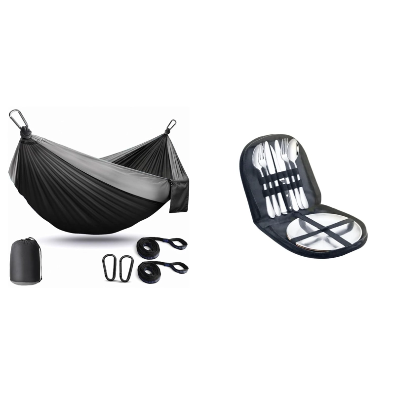 HAMACA COMPACTA NEGRA + SET PICNIC CUBIERTOS KIT CAMPING - 1