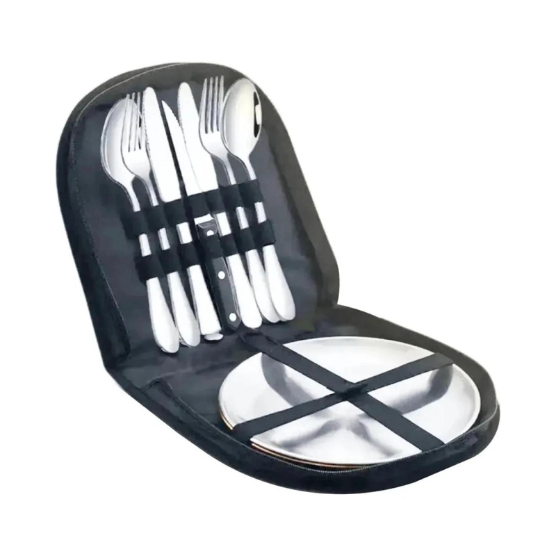 HAMACA COMPACTA NEGRA + SET PICNIC CUBIERTOS KIT CAMPING - 9