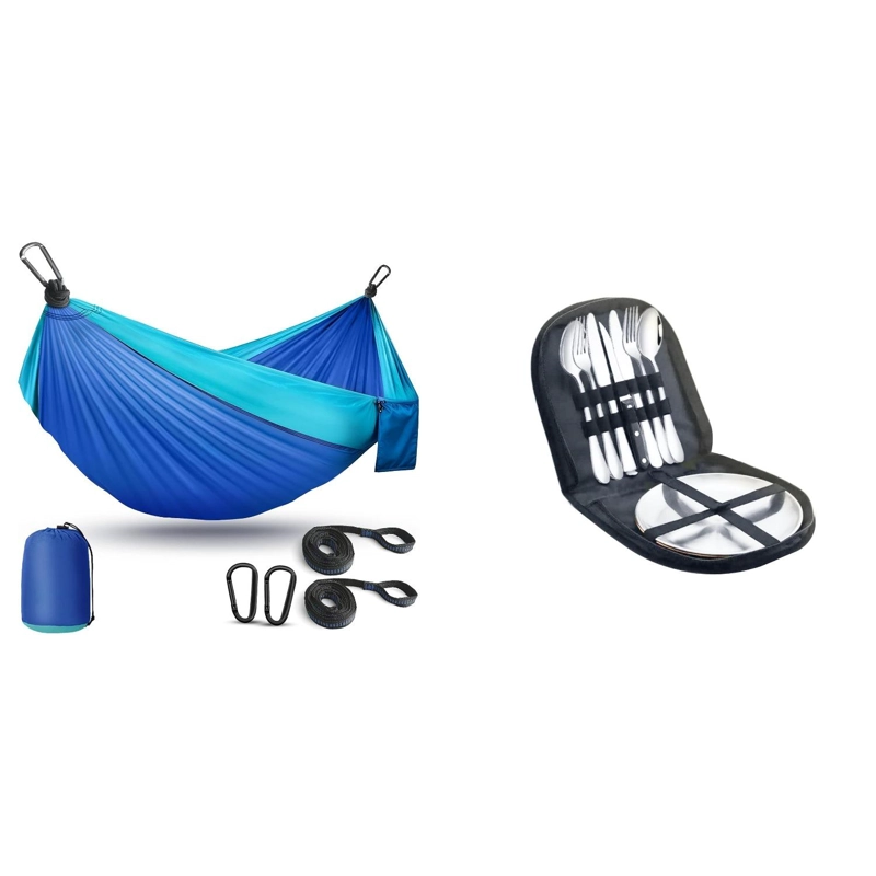 HAMACA COMPACTA AZUL + SET PICNIC CUBIERTOS KIT CAMPING - 1