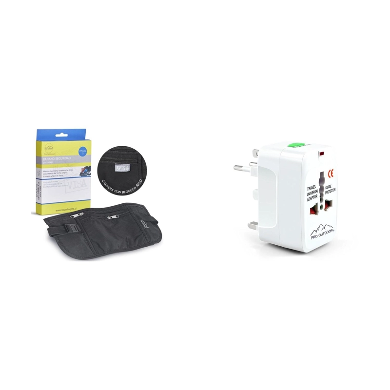 KIT VIAJE BANANO RIÑONERA NEGRO IMPERMEABLE + ADAPTADOR ENCHUFE UNIVERSAL USB PRO OUTDOOR - 1