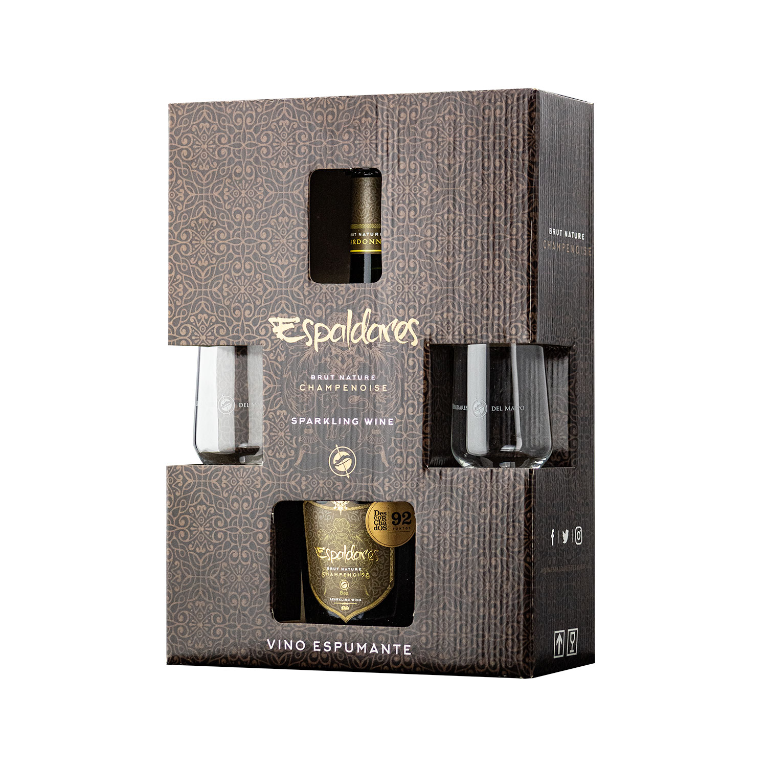 PACK VINO ESPUMANTE ESPALDARES CHARDONNAY BRUT NATURE + DOS COPAS DE CRISTAL, METODO TRADICIONAL CHAMPENOISSE - 1