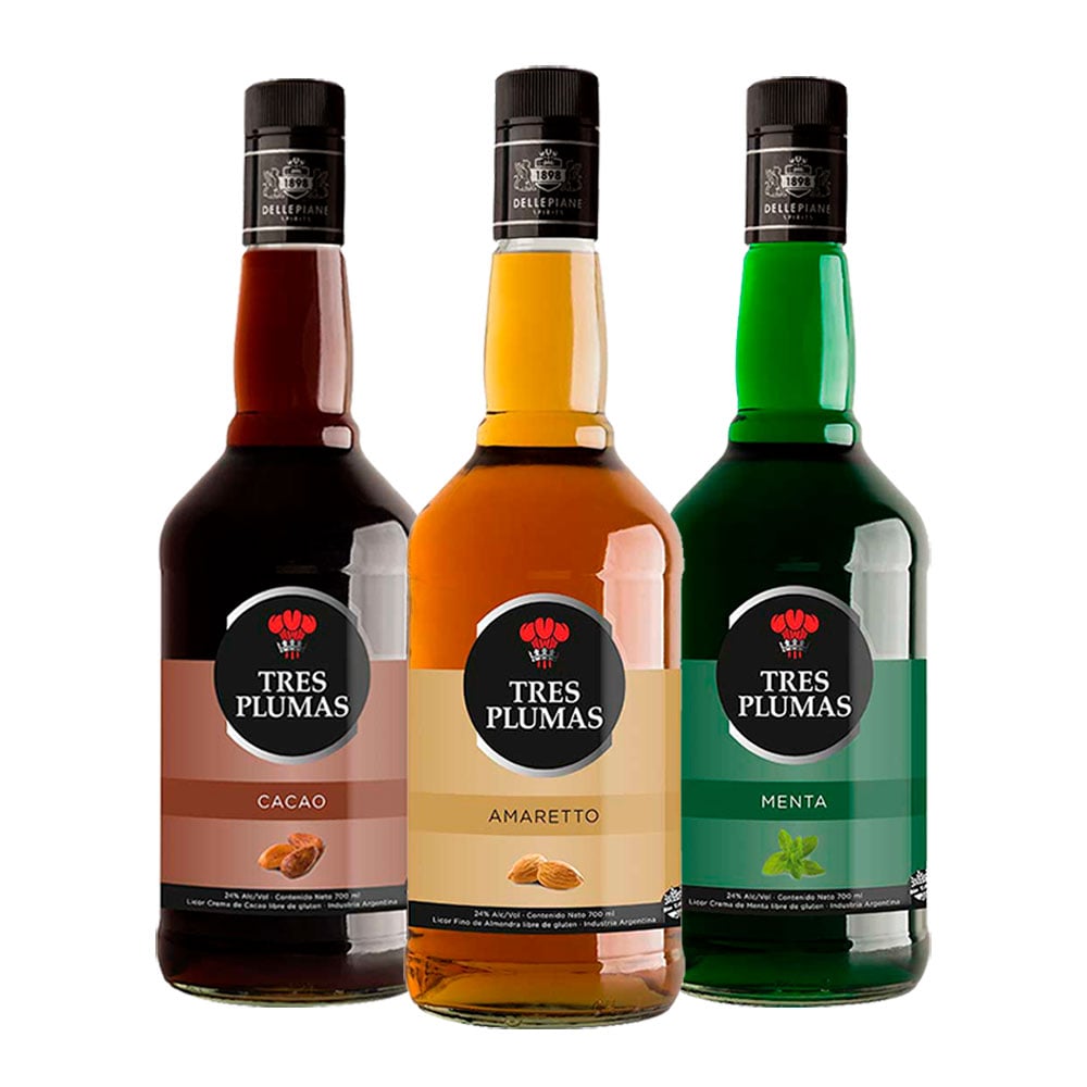 PACK X 3 LICOR AMARETTO, MENTA Y CACAO TRES PLUMAS - 1