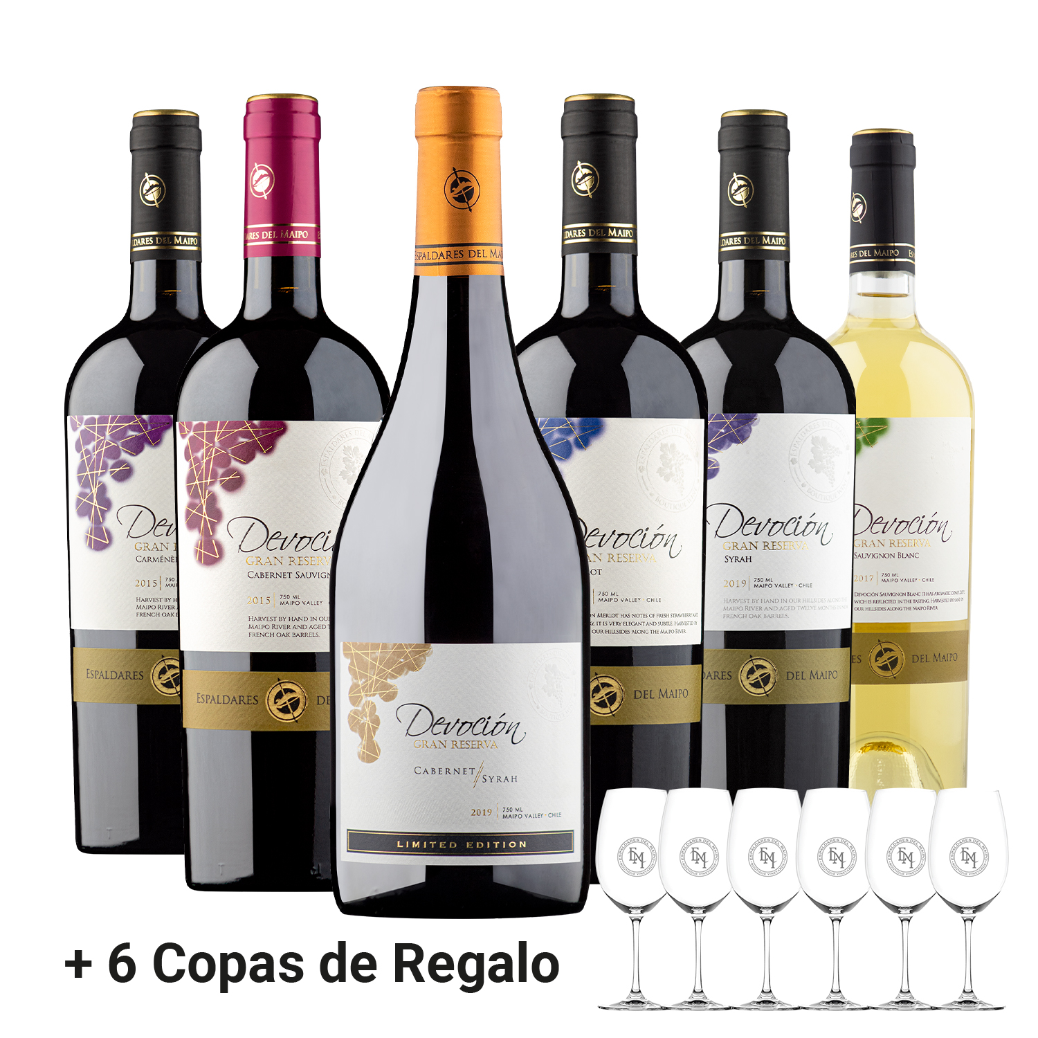 CAJA X 6 MIX VINOS DEVOCION GRAN RESERVA MAS 6 COPAS DE REGALO - 1