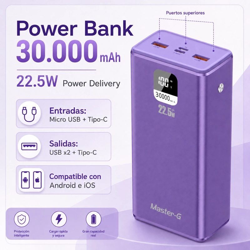BATERIA EXTERNA POWER BANK 30000 MAH 22.5W UCP30MPD MORADA - 3