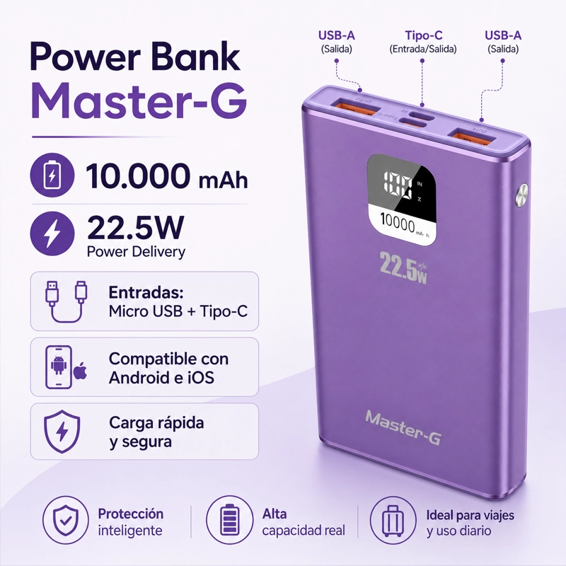 BATERIA EXTERNA POWER BANK 10000 MAH 22.5W UCP10MPD MORADA - 3
