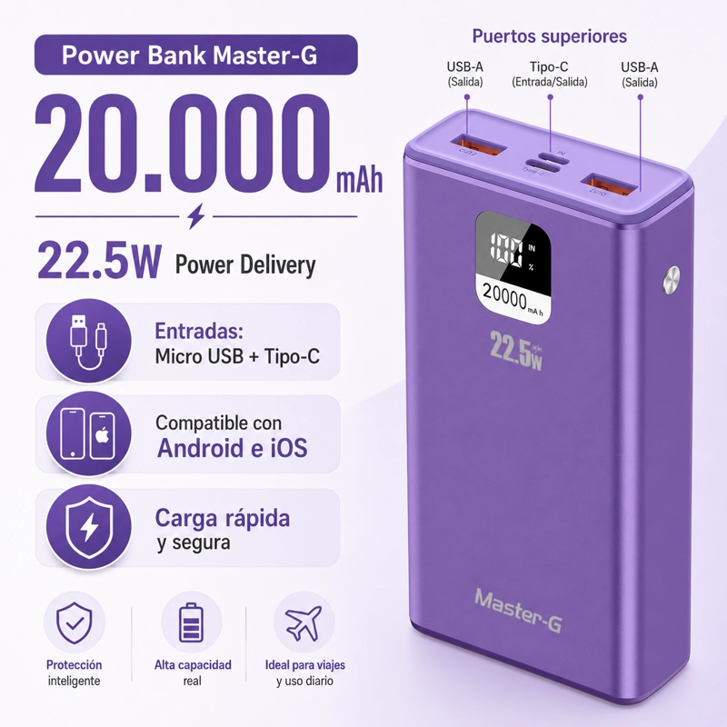 BATERIA EXTERNA POWER BANK 20000 MAH 22.5W UCP20MPD MORADA - 3