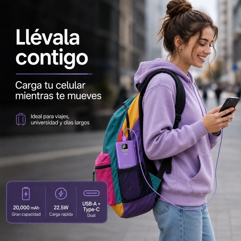 BATERIA EXTERNA POWER BANK 20000 MAH 22.5W UCP20MPD MORADA - 5