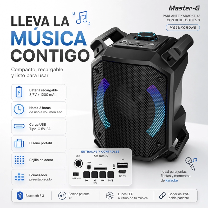 PARLANTE BLUETOOTH KARAOKE LUXOR ONE 4” MICROFONO MASTER-G - 4