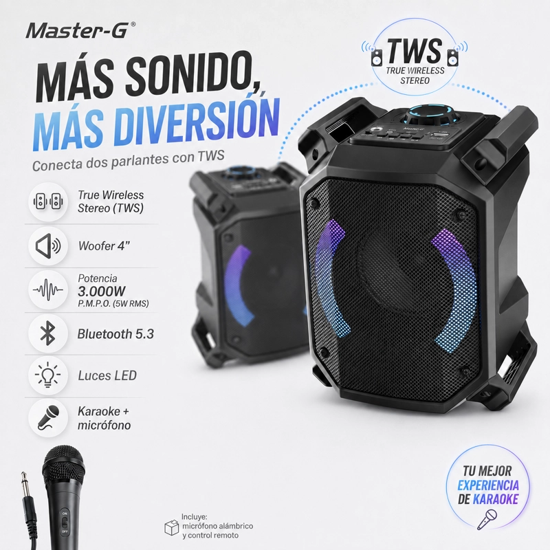 PARLANTE BLUETOOTH KARAOKE LUXOR ONE 4” MICROFONO MASTER-G - 5