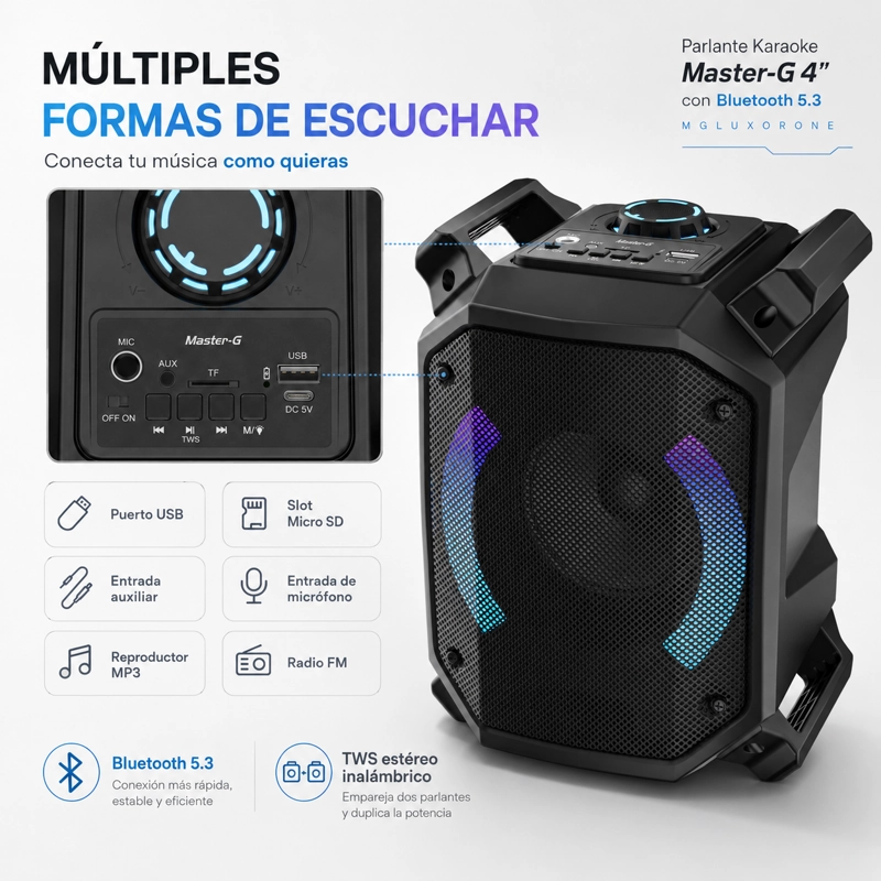PARLANTE BLUETOOTH KARAOKE LUXOR ONE 4” MICROFONO MASTER-G - 6