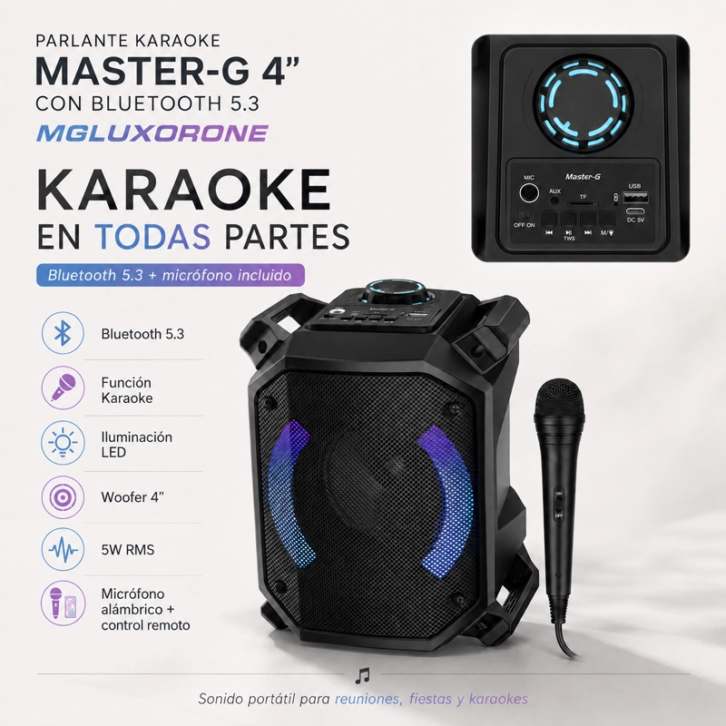 PARLANTE BLUETOOTH KARAOKE LUXOR ONE 4” MICROFONO MASTER-G - 7
